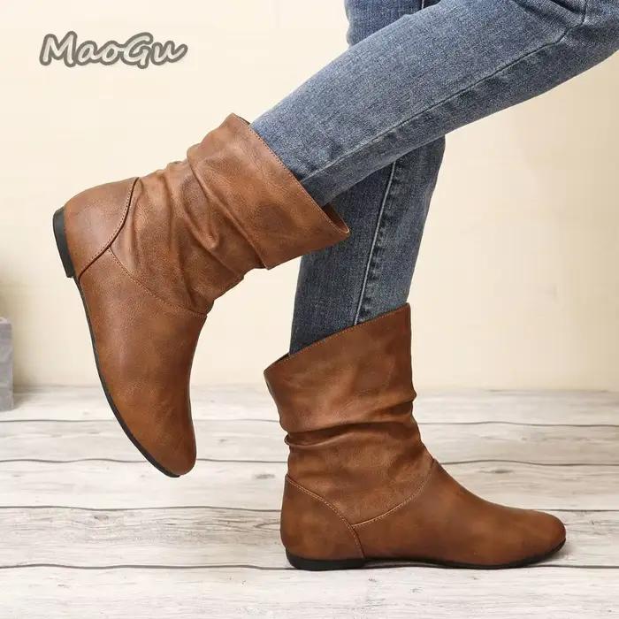 Taille 36-42 automne femmes en cuir bottes courtes sans lacet mode plissé bout rond talon bas