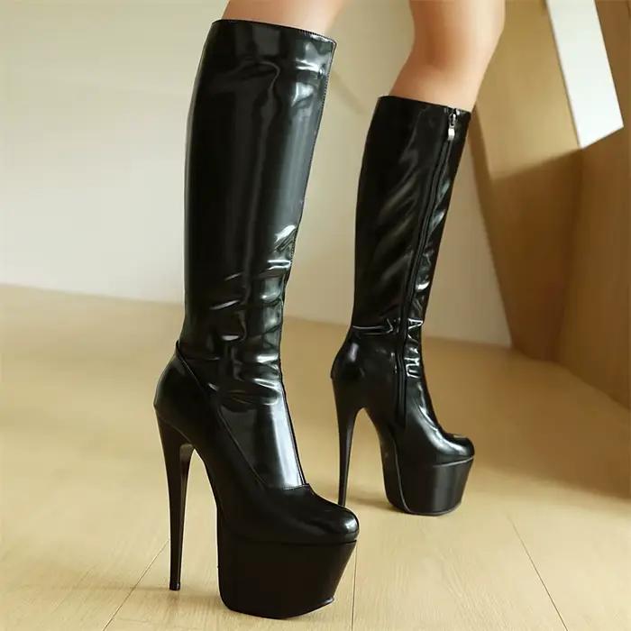 Bottes à plateforme au genou pour femmes, talons hauts noirs sexy, cuissardes, fête, boîte de nuit, chaussures pour filles, grande taille 48, hiver