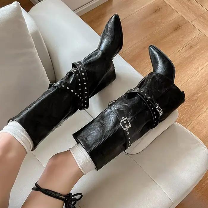 Bla chaussons hauts femmes Faion bottes coréen Sle ceinture bleu PU cuir automne hiver oes bottes de chevalier polyvalentes