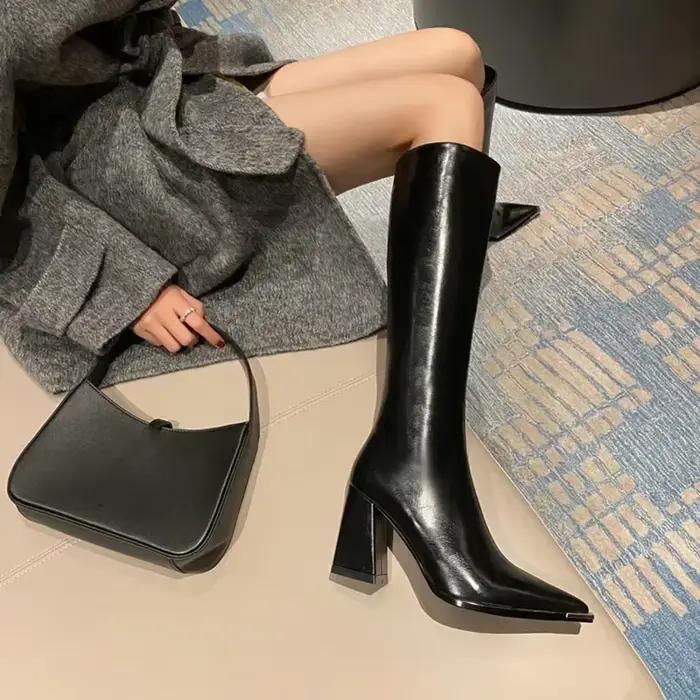 Bout pointu femmes bottes hautes mode fermetures éclair latérales chaussons longs dames élégant fête chaussures à