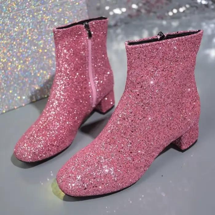 Mode femmes bottes Bling couleur unie côté fermeture éclair