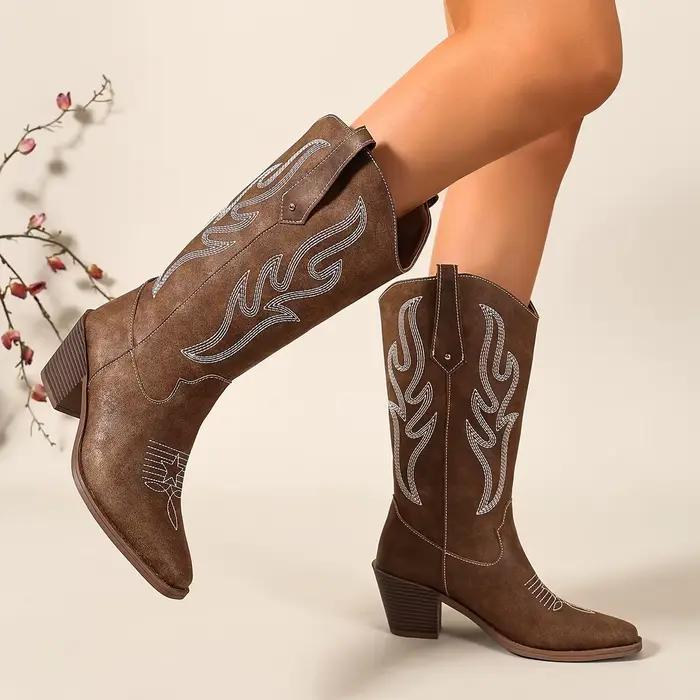 Bottes pour femmes, bottes de cow-boy rétro marron, bout pointu mat, talon épais, bottes longues, à porter au quotidien, bottes élégantes