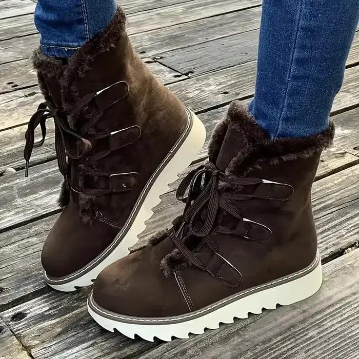 Bottes d'hiver pour femmes en daim de vache avec doublure en peluche courte, chaussures résistantes aux éclaboussures et antidérapantes, pour les jours froids et pluvieux