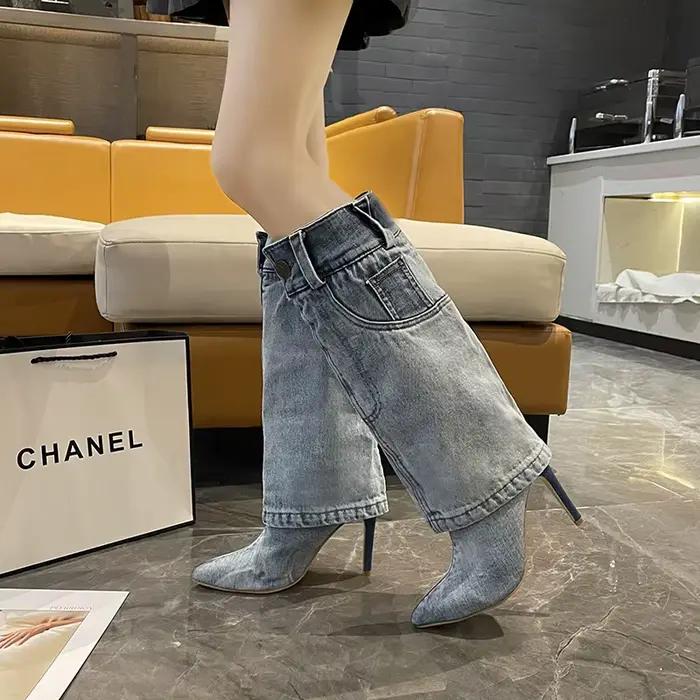 Bottes hautes en denim bleu rétro pour femmes bottes à bout pointu printemps automne talon fin mi-mollet occassions quotidiennes vacances shopping école