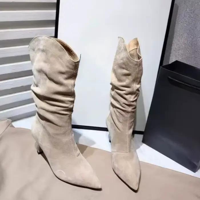 Bottes plissées en daim de vache à bout pointu, nouvelle collection automne, antidérapantes et résistantes à l'usure
