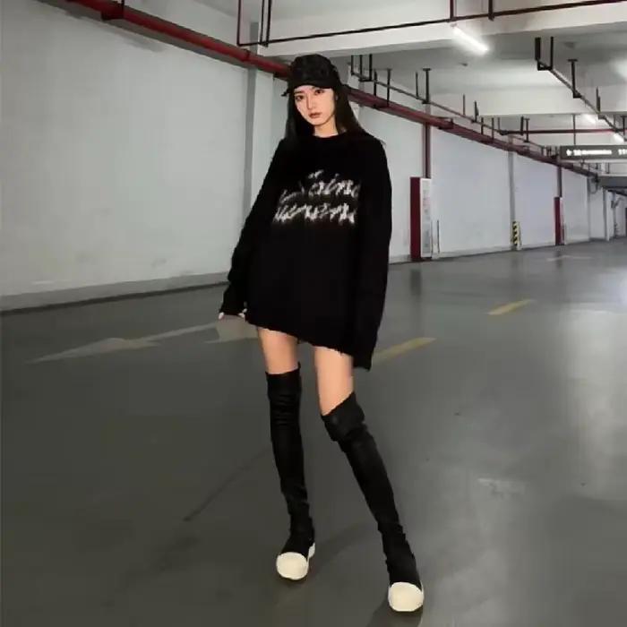Femmes sur le genou bottes plate-forme automne talons plats pour femme semelle épaisse hiver mince élastique cuissardes chaussures d'hiver