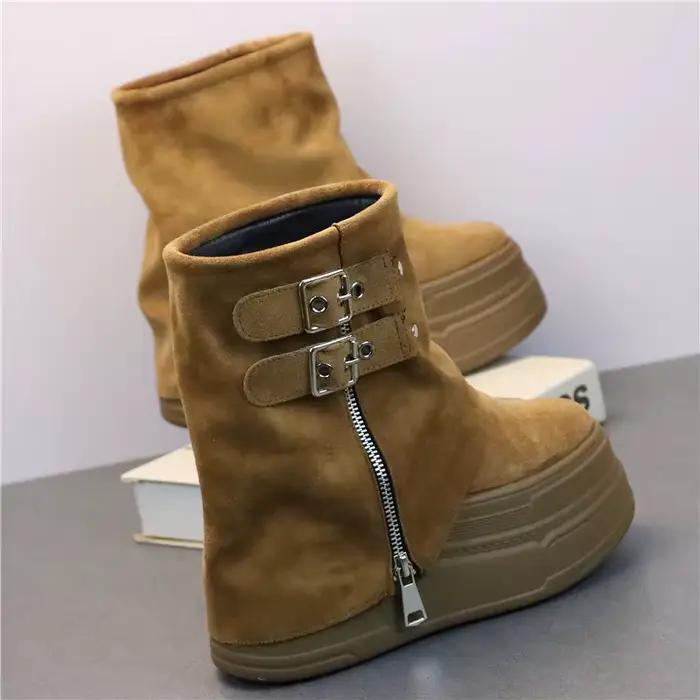 Bottines à talons plateforme pour femmes, baskets en cuir véritable, noir et marron, chaussures de moto, printemps-automne, 10CM 12CM