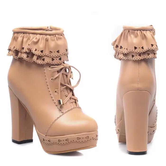 Bottines à plateforme pour femmes, chaussures courtes à lacets, blanches, noires, roses, douces, chaussures Lolitas pour filles, grande taille 45, automne et hiver