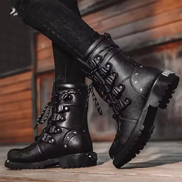 Bottes de moto pour hommes bottes d'extérieur quatre saisons mode chaussures de cyclisme haut hommes botte décontractée bottes en cuir PU grande taille 46