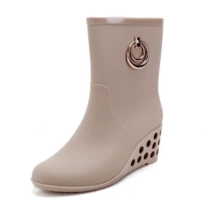 Bottes de pluie à talons compensés en caoutchouc pour femmes, bottes imperméables avec fermeture éclair latérale en PVC, bottes d'eau d'extérieur pour occasions spéciales
