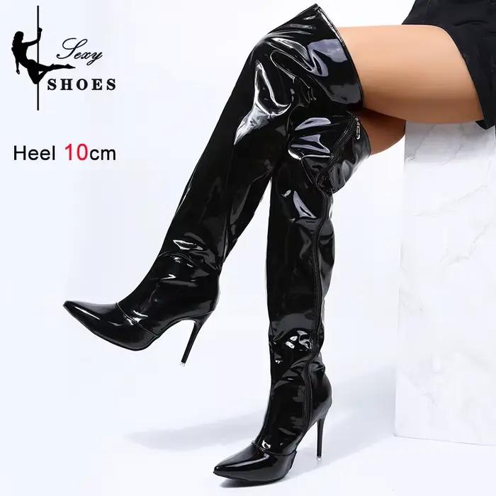 Talons bottes longues femmes automne hiver sur le genou exy argent miroir cuissardes T Show bout pointu décontracté Club chaussures de fête