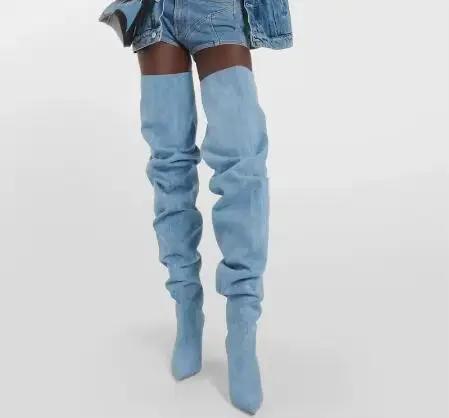 Bottes en denim bleu au-dessus du genou, talons fins, bout pointu, style urbain pour femmes, ajustement parfait, confortable, élégante, pour printemps/automne