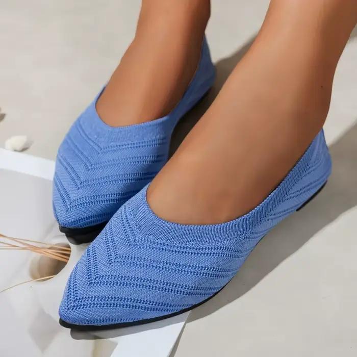 Femme bout pointu chaussures plates couleur unie tricoté sans lacet bureau bateau