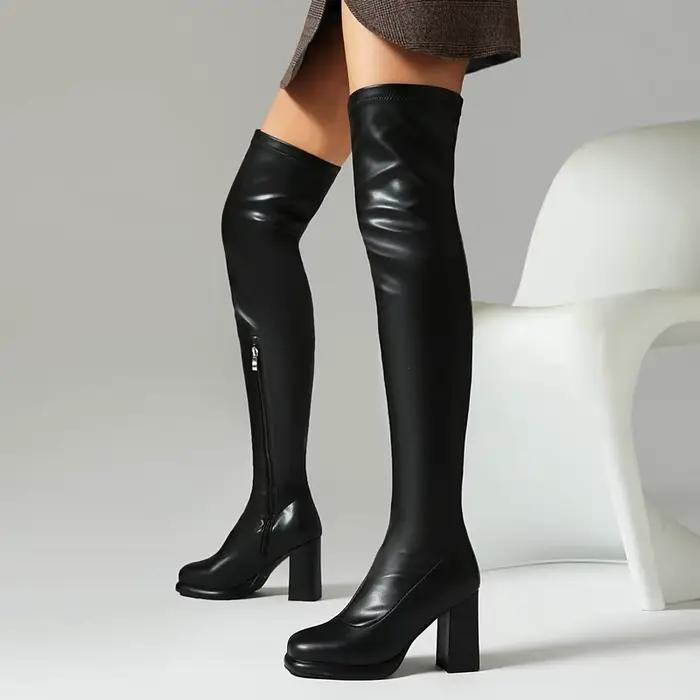Cuissardes hautes femmes mode or argent bout rond fermeture éclair hiver automne bloc talons hauts sur les genoux