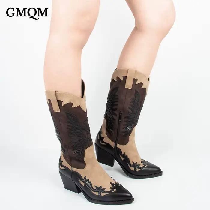 GMQM 2025 Botte mi-mollet pour femme brodée Western Cowboy Vintage Noir Marron Bout pointu Fermeture Éclair Talon épais