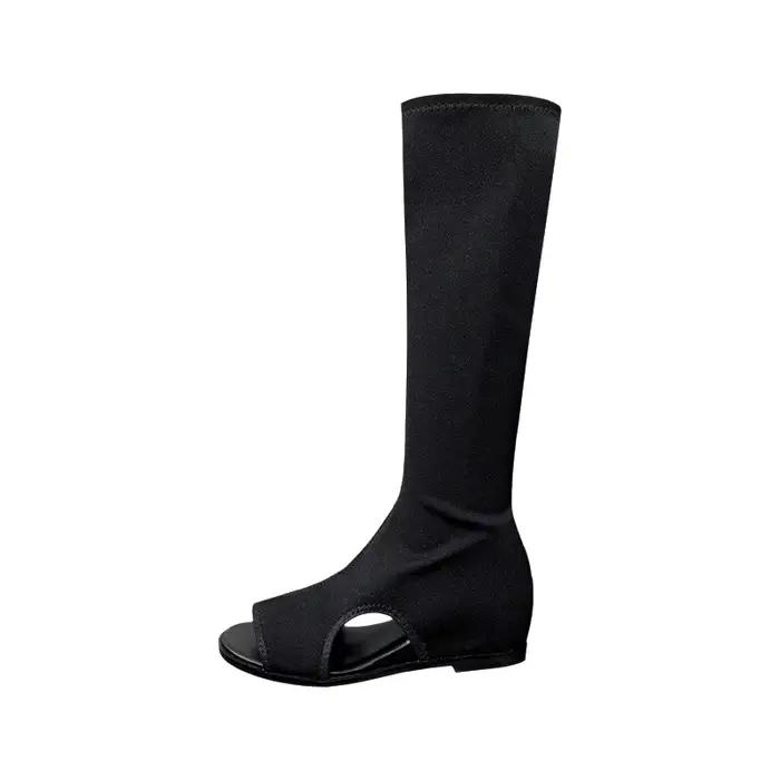 Bottes montantes pour femme en tissu élastique, rehaussées de 5 cm à l'intérieur, tendance, style sandales à tube long, version aérée latérale pour l'été