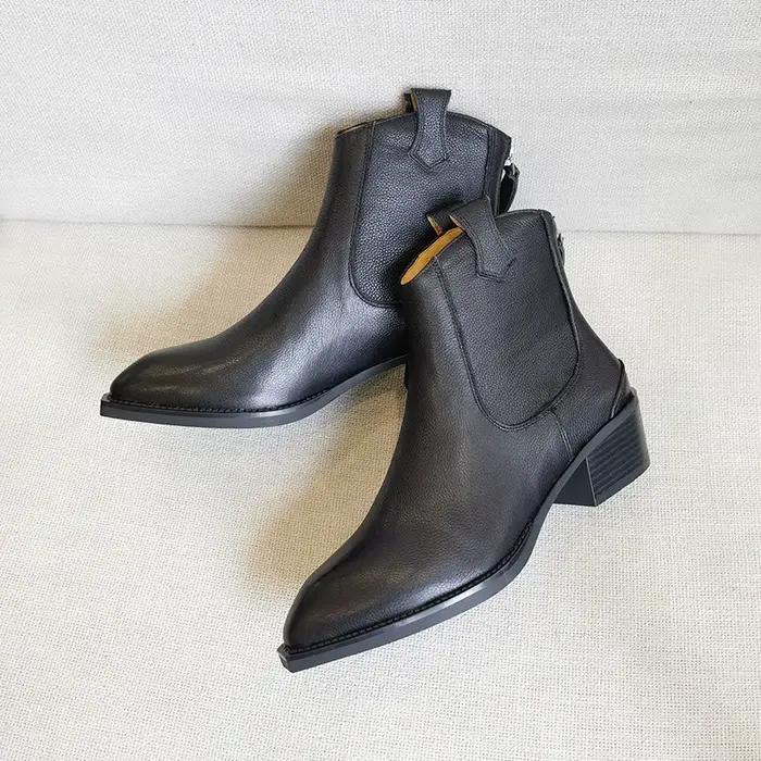 Bottines Chelsea classiques en cuir véritable pour femme, bottines à bout pointu et talon compensé, bottes de Cowboy simples et confortables, automne 2025