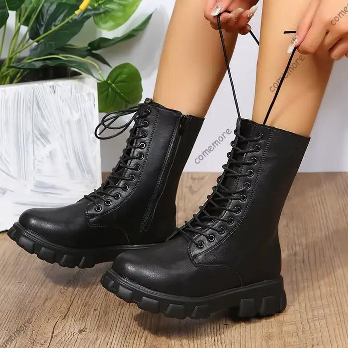 Bottes moto pour femmes style britannique printemps automne talon carré plateau cuir PU ajustement parfait occassions spéciales