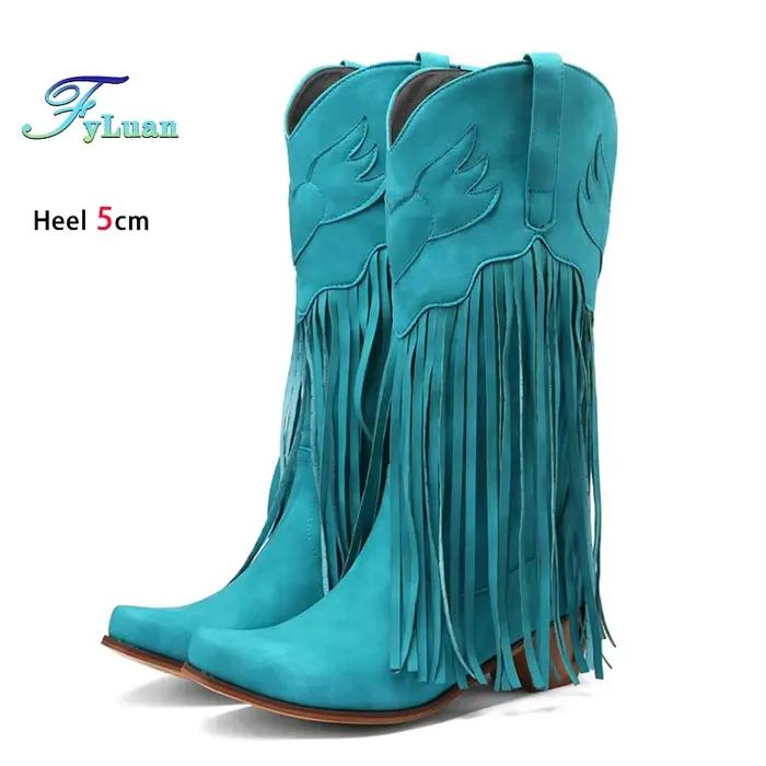 Bottes de Style occidental femmes 5CM talon bloc glands CowBoy chaussures 2025 printemps automne et hiver rétro