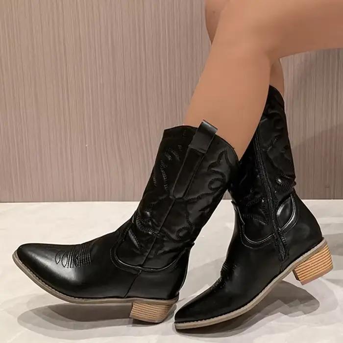 Bottes de cowboy occidentales pointues pour femmes, fermeture à glissière latérale, or, mi-mollet, noir, grande taille 36-43, mode rétro