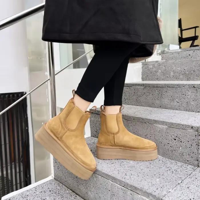 Bottes décontractées chaudes en velours pour femmes, une étape, cuir suédé, bottes de rinçage pour femmes