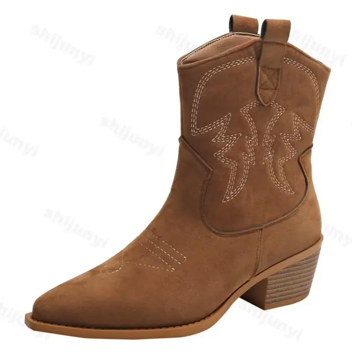 Bottines de Cowboy rétro en cuir pour femmes, confortables, brodées, Sexy, hautes, courtes, nouvelle collection printemps automne 2025