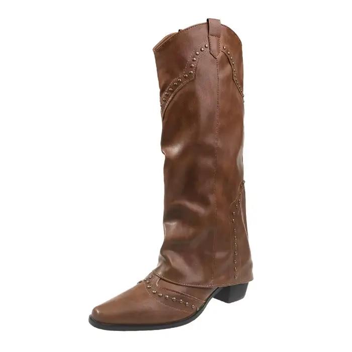 Femmes mi-mollet bottes femme rivet chaussures talon carré