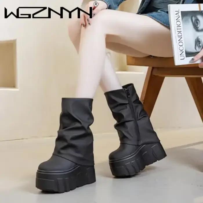 14CM nouveaux bottines chaussures bottes en cuir microfibre naturelle 2025 hiver femmes