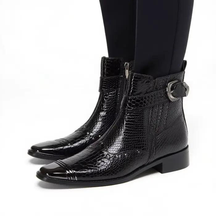 Bottes courtes brillantes à motifs de serpent pour hommes, avec boucle à rivets en métal, bottes courtes de Style de rue tendance et personnalisées