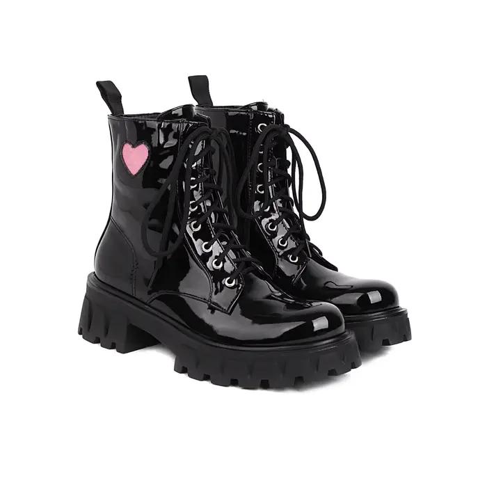 Bottines britanniques pour femmes à talons épais et hauts, en cuir verni noir et violet, bout rond, style vintage, à lacets, courtes, pour soirée