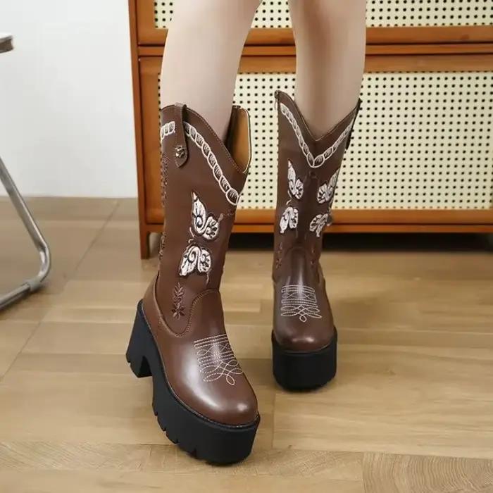 Nouveau Western brodé manchette haut CowGirl bottes fond épais imperméable femme