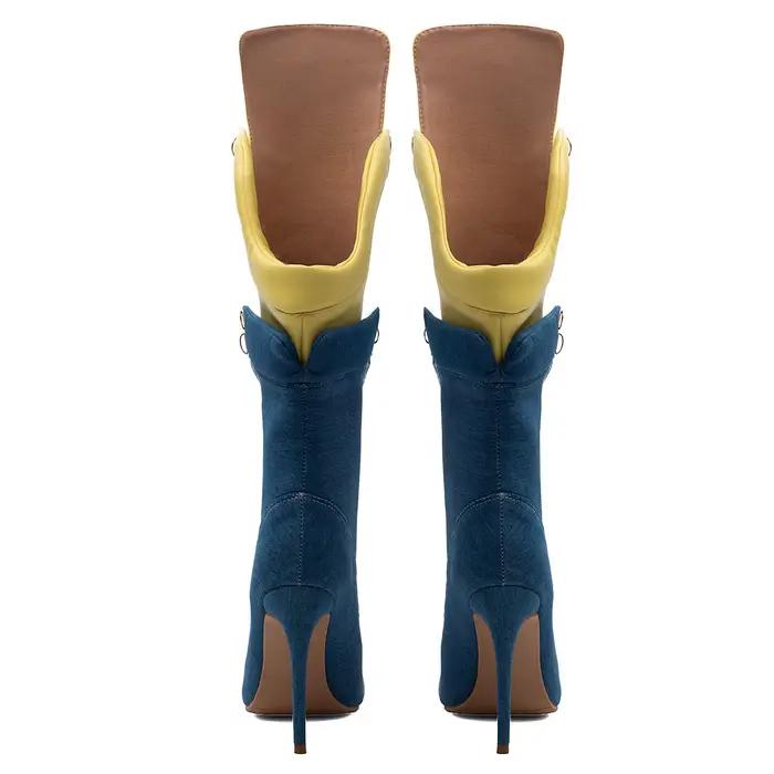 Bottines mi-mollet en jean color block à talon aiguille