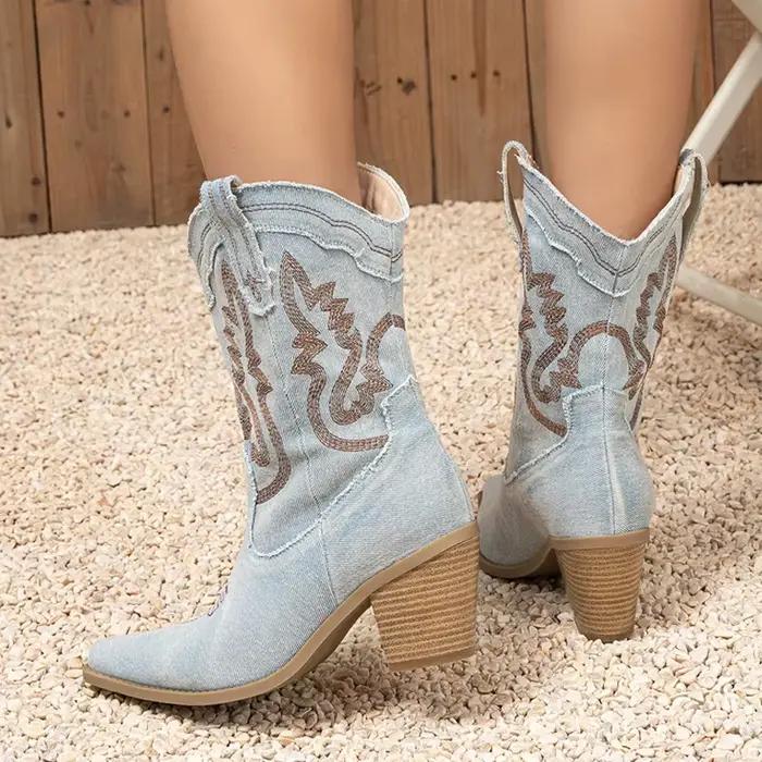 Bottes vintage femmes Liyke broderie denim talons de sabot élégantes pour soirée gala et événements de charité ocasions spéciales