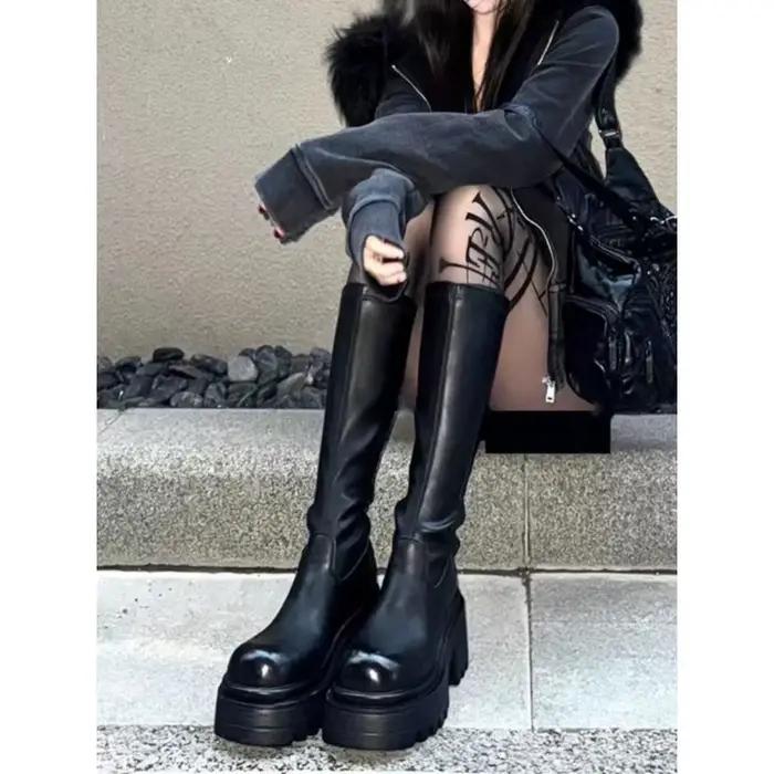 Bottes tube longues à talons surélevés pour femmes, longueur de jambe accrue, aspect Ultra-fibre, bout rond, hiver
