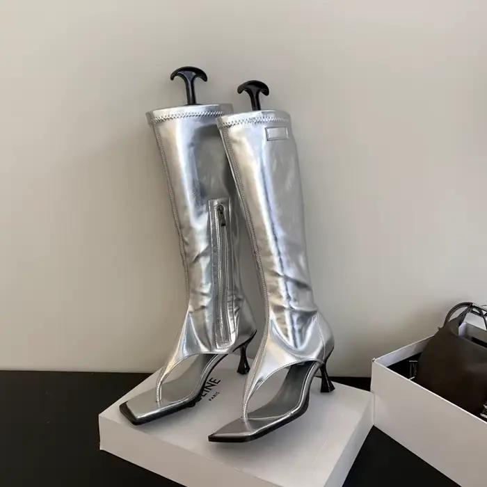Eilyken noir bout ouvert Clip-On genou bottes femmes chaussons modernes minces talons bas côté fermeture éclair printemps fête pompes sandales chaussure