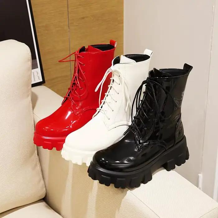Femmes bottes en cuir verni plate-forme chaussures marque cheville mode