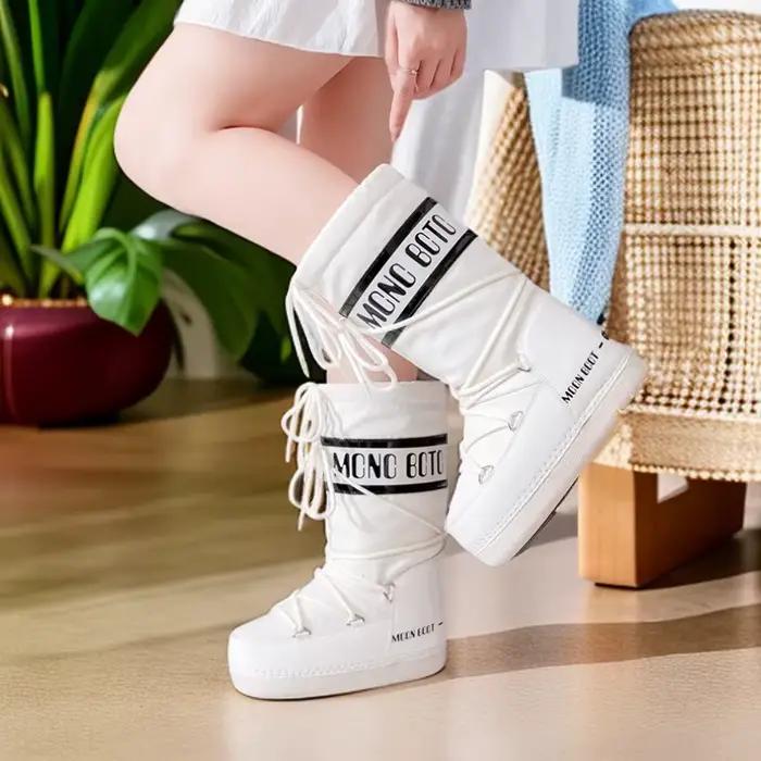 Bottes d'hiver pour femmes, bottes mi-mollet tendance, bottes à plateforme antidérapantes pour l'extérieur, bottes de neige chaudes en fourrure, chaussures d'hiver en coton à tige haute