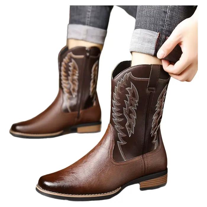 Bottes de cowboy brodées style western pour hommes, noires, mi-mollet, rétro, pour le travail en extérieur, décontractées, respirantes, antidérapantes