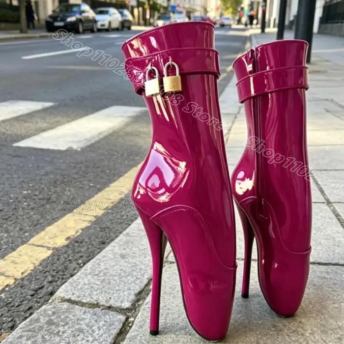 Bottes décorées avec fermoir rouge rose, fermeture éclair latérale, style original, en cuir verni, style britannique, chaussures de danse pour femmes, Zapatos Para Mujere