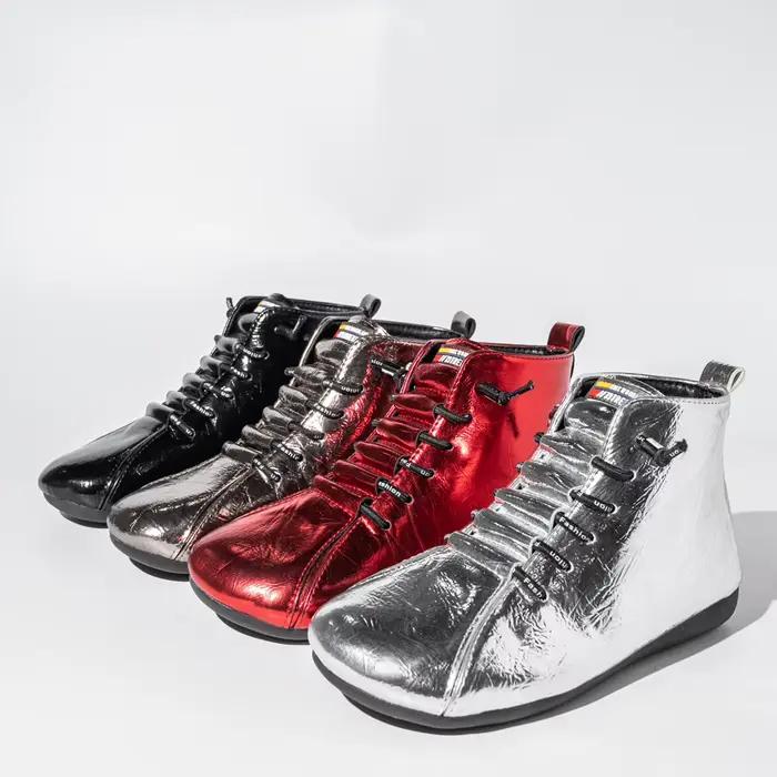 Bottes Courtes en Cuir Verni Antidérapantes pour Femme, Chaussures d'Automne et d'Hiver à Lacets, 2020