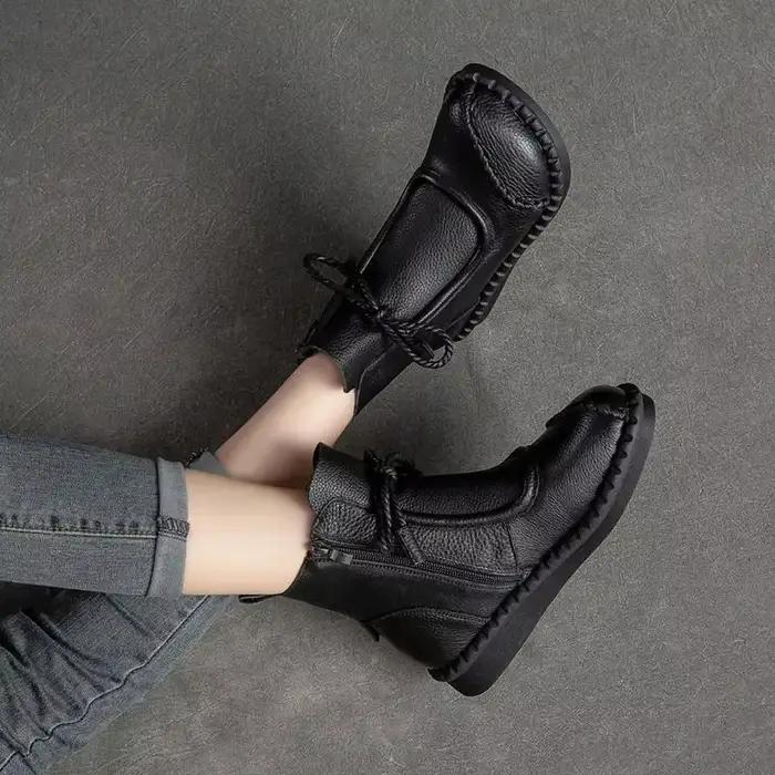 Bottes croisées ethniques en cuir pour femmes, bout rond, talon moyen, résistantes à l'eau, confortables et élégantes pour les occasions printemps-automne