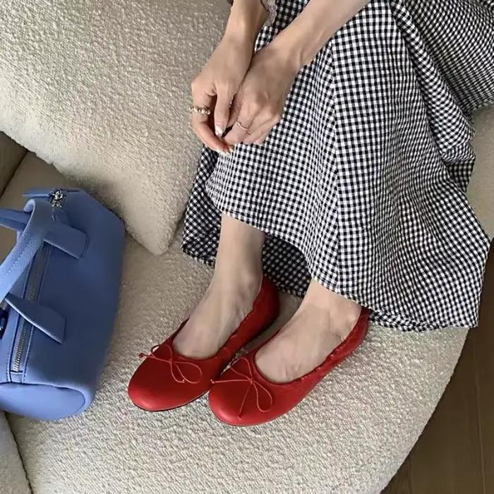 Chaussures de ballet élégantes rétro rouges à nœud papillon 2026 pour femmes, mocassins plats souples pour femmes, chaussures de ville polyvalentes, Zapatos Mujer