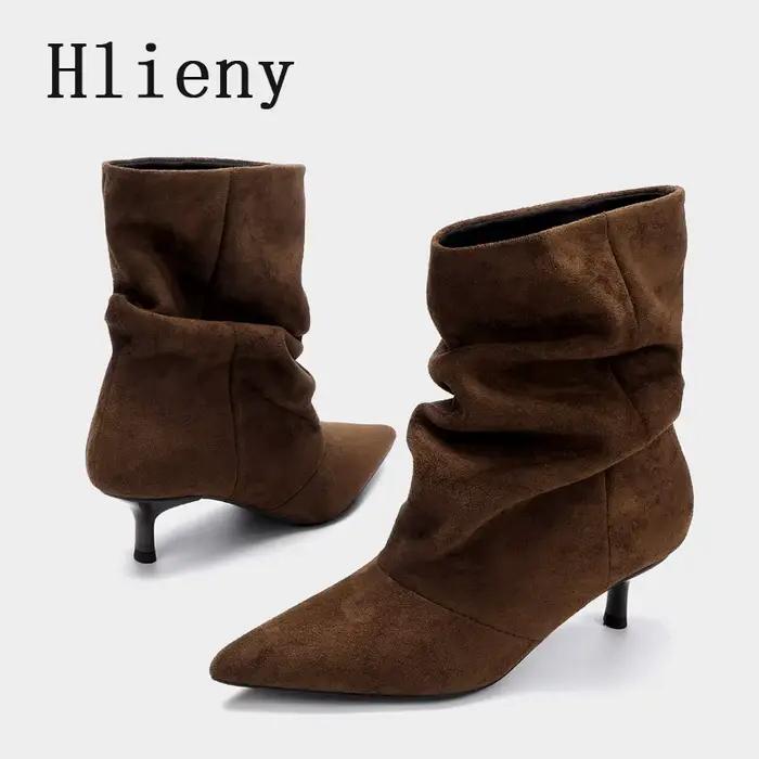 Liyke – chaussures d'hiver plissées en daim pour femmes, bottines à bout pointu et talons fins, marron, rétro, élégantes, de créateur