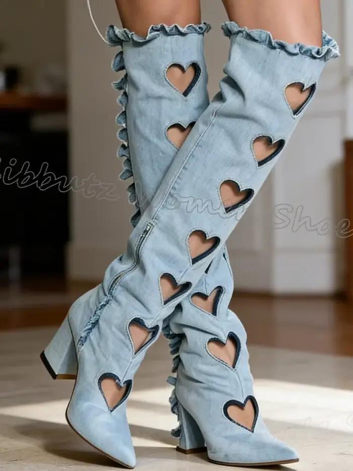 Nouvelles Bottes Sandales Plissées Montantes en Cuir Uni à Talons Carrés et Bout Pointu avec Dentelle Cœur pour Femme – Mode, Luxe, Élégance