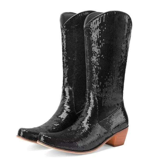 Femmes mi-mollet bottes bout incurvé Bling Bling paillettes brillant violet vert rose bottes occidentales talons épais Cowboy hiver Botines