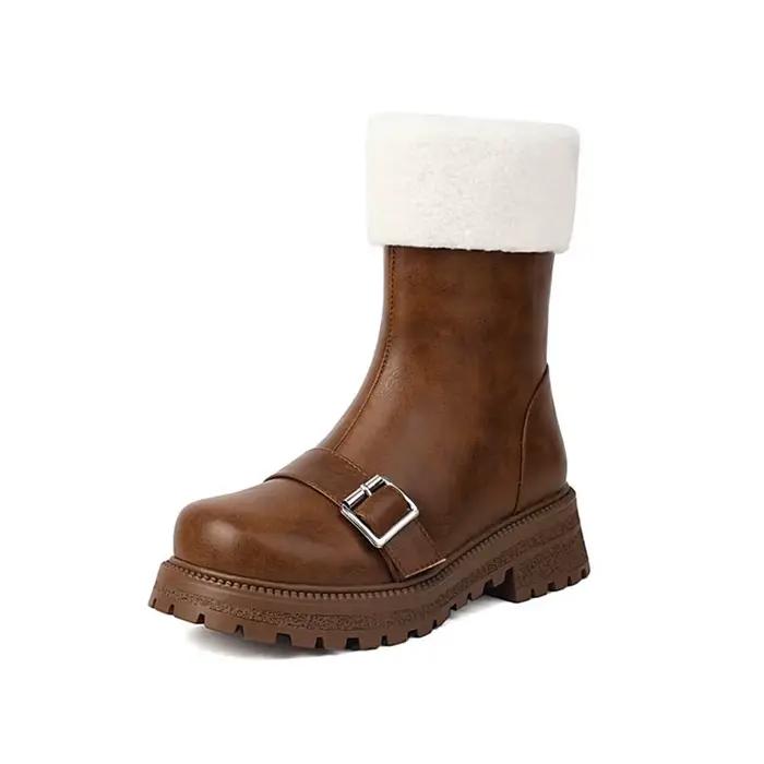 Bottines femmes mode talon épais tête ronde hiver chaud en peluche côté fermeture éclair confortable décontracté plate-forme bottes de Combat 862-10