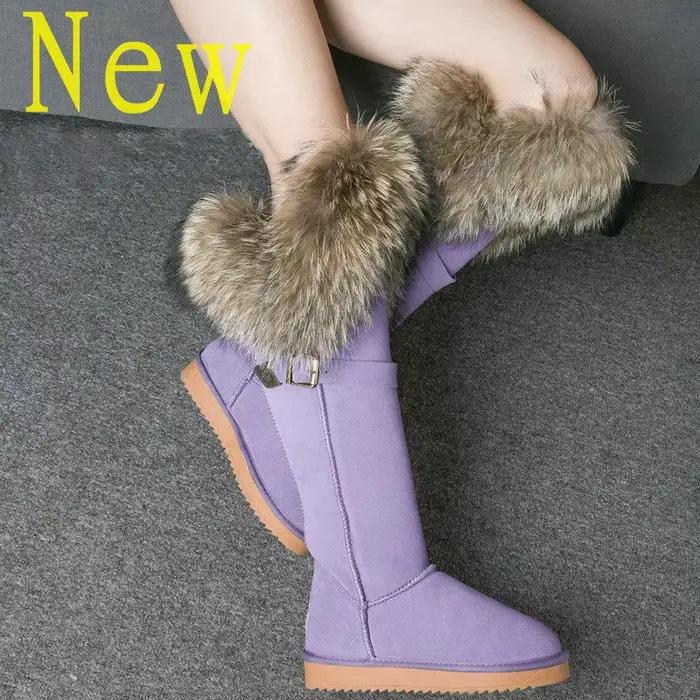 Bottes de neige imperméables en cuir de vache pour femme, 100% vraie fourrure de raton laveur, fourrure de renard, glands en fourrure de lapin sexy, semelle non ald, marron et noir, hiver