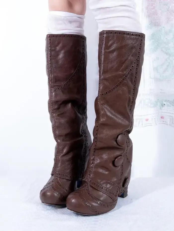 Bottes hautes en cuir souple pour femme style rétro gothique bout rond talon épais ajustement parfait pour femmes occassions spéciales