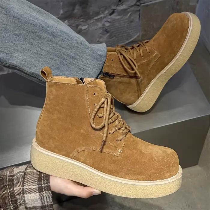 Nouvelles bottes montantes pour hommes printemps-automne, couleur unie, semelle épaisse, rehaussantes, décontractées, à lacets, pour le travail en extérieur