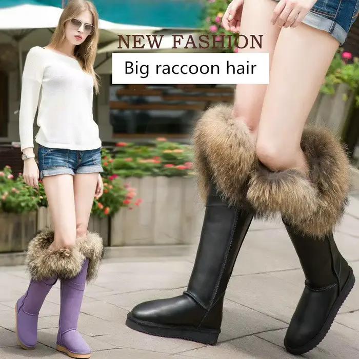 Bottes de neige imperméables en cuir de vache pour femme, 100% vraie fourrure de raton laveur, fourrure de renard, glands en fourrure de lapin sexy, semelle non ald, marron et noir, hiver